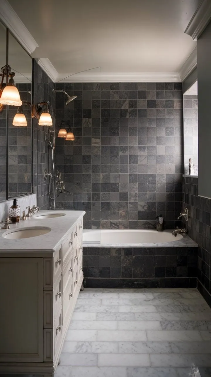 This moody marble bathroom elegantly blends dark and light tones with vintage details, creating a serene sanctuary of understated luxury.