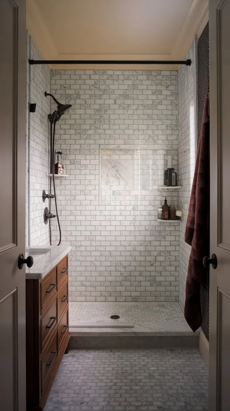 A small master bathroom boasts a moody marble wet room, blending vintage charm with transitional style.