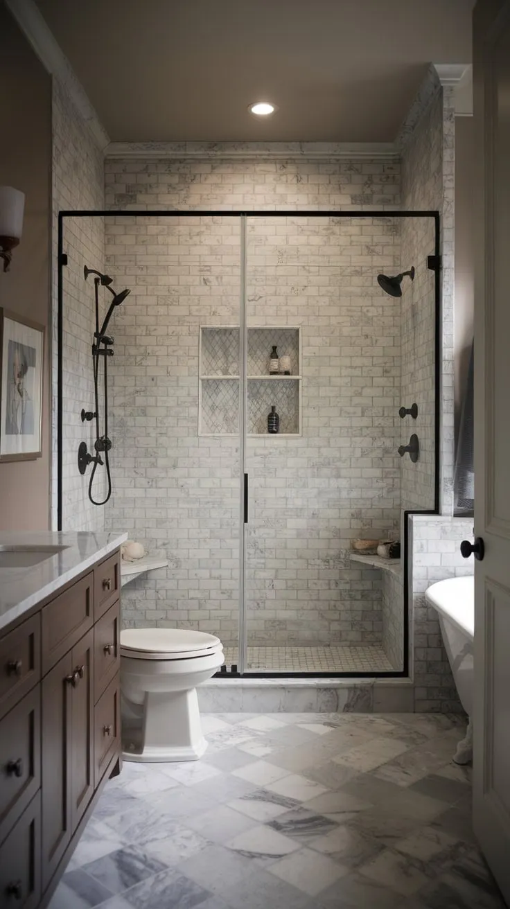 A moody marble wet room with vintage charm defines this transitional bathroom's sophisticated style