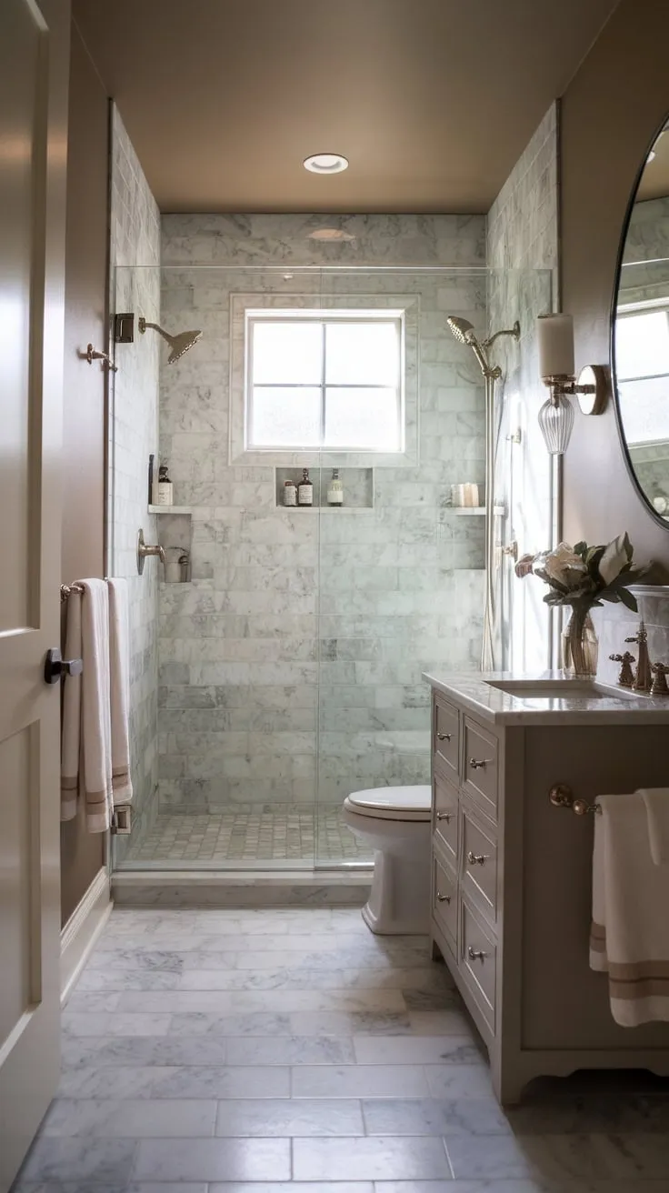 A moody marble wet room shower anchors a vintage-inspired, neutral-toned transitional bathroom.