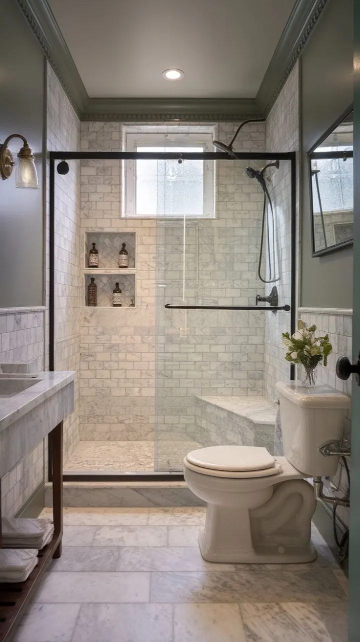 This master bathroom remodel harmoniously fuses modern convenience with timeless elegance, featuring luxurious marble tiling and a serene traditional wet room shower.