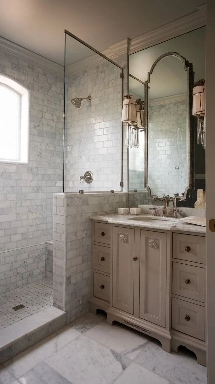 This small bathroom remodel elegantly combines moody marble and vintage neutrals, transforming a compact space into a luxurious haven of transitional design.