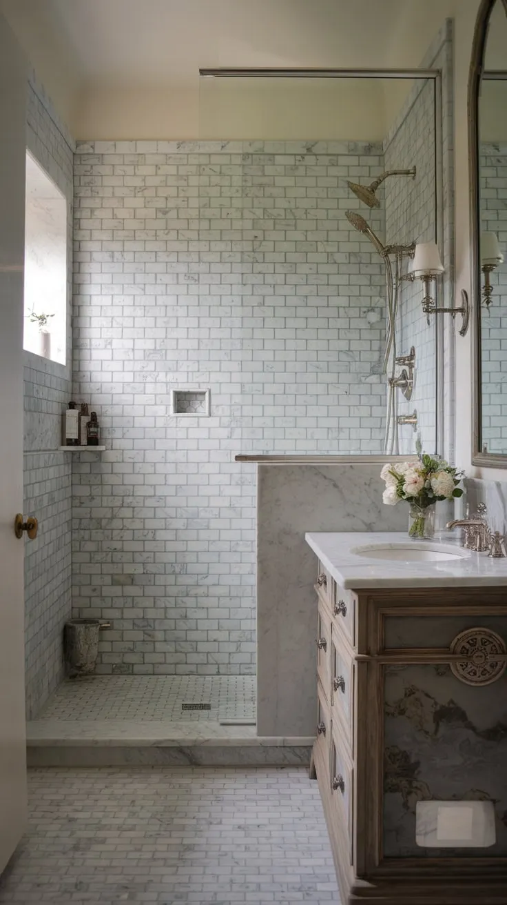 A small master bathroom blends traditional charm with modern marble in a stylish transitional design