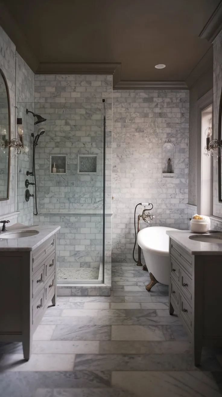 Soft lighting enhances the luxurious marble tile throughout this transitional bathroom's elegant wet room design.