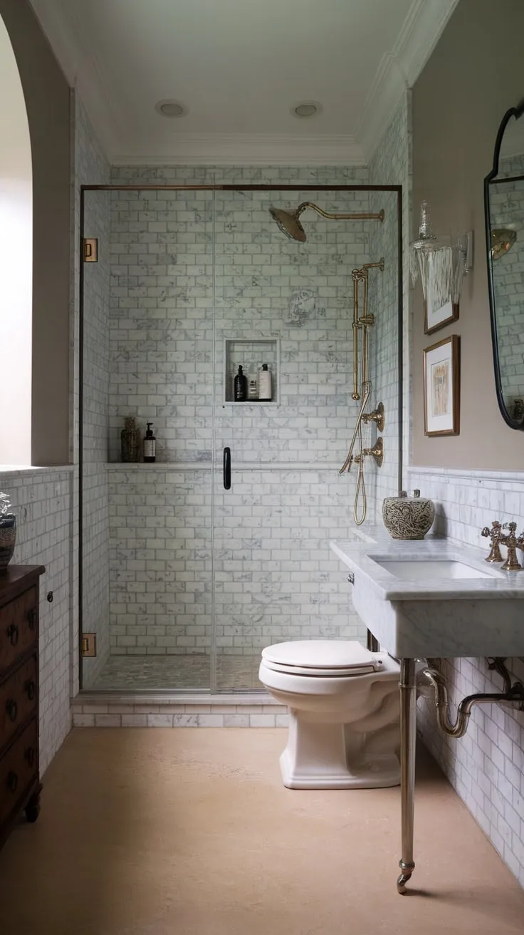 Marble's elegant darkness defines this transitional bathroom, blending traditional wet room features with a calming neutral palette.