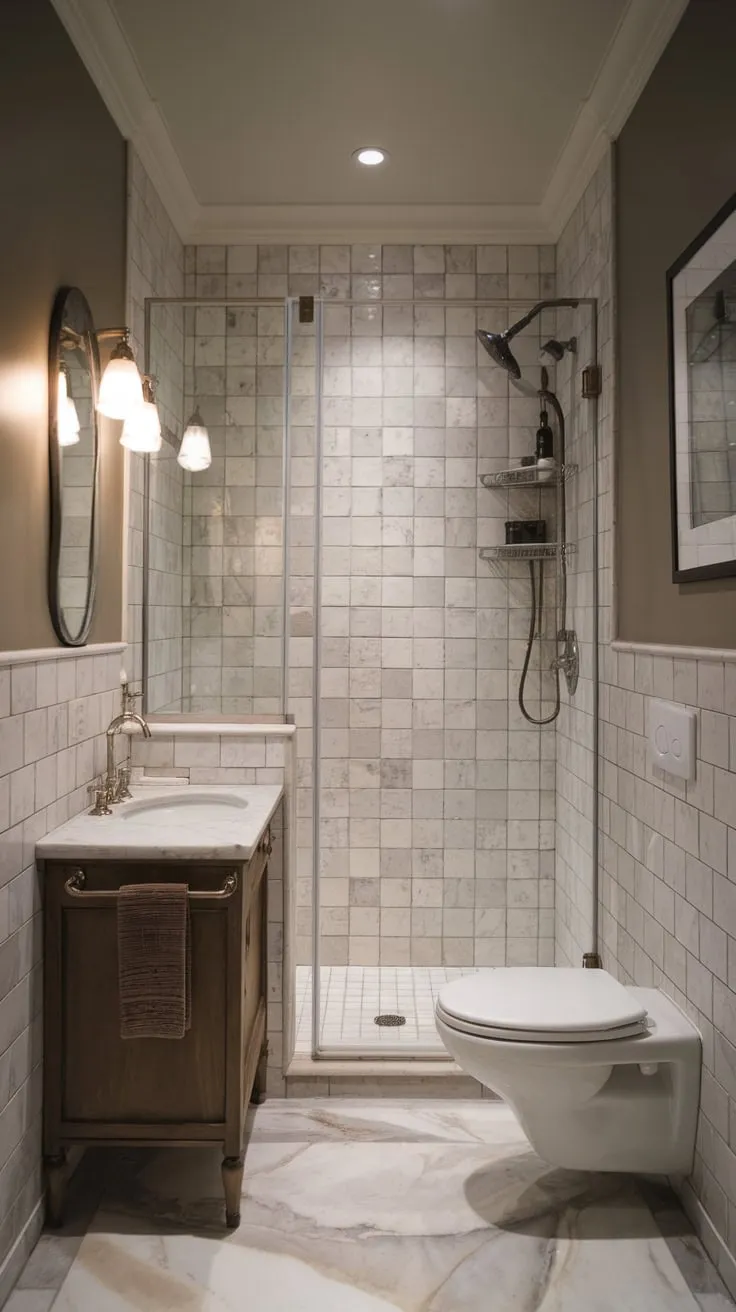 Neutral tones and marble create a sophisticated yet cozy transitional bathroom featuring a classic wet room design.