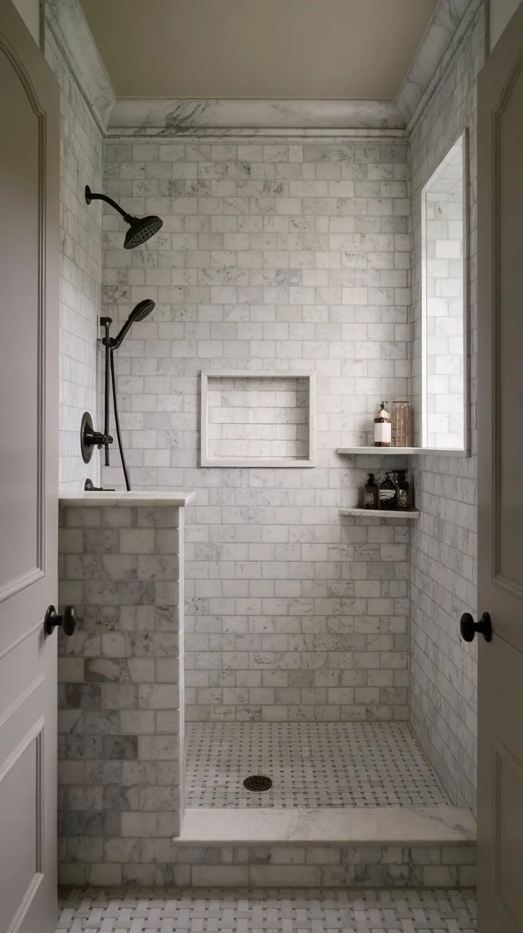 This small master bathroom's transitional design features a traditional wet room and moody marble shower for a vintage-inspired yet modern feel.