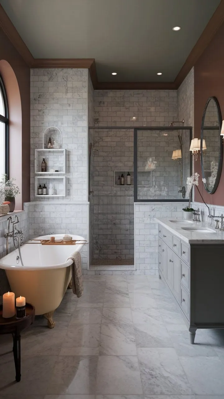 This elegantly contrasting transitional bathroom, featuring a moody marble wet room and curated details, transforms into a luxurious personal oasis bathed in soft light.