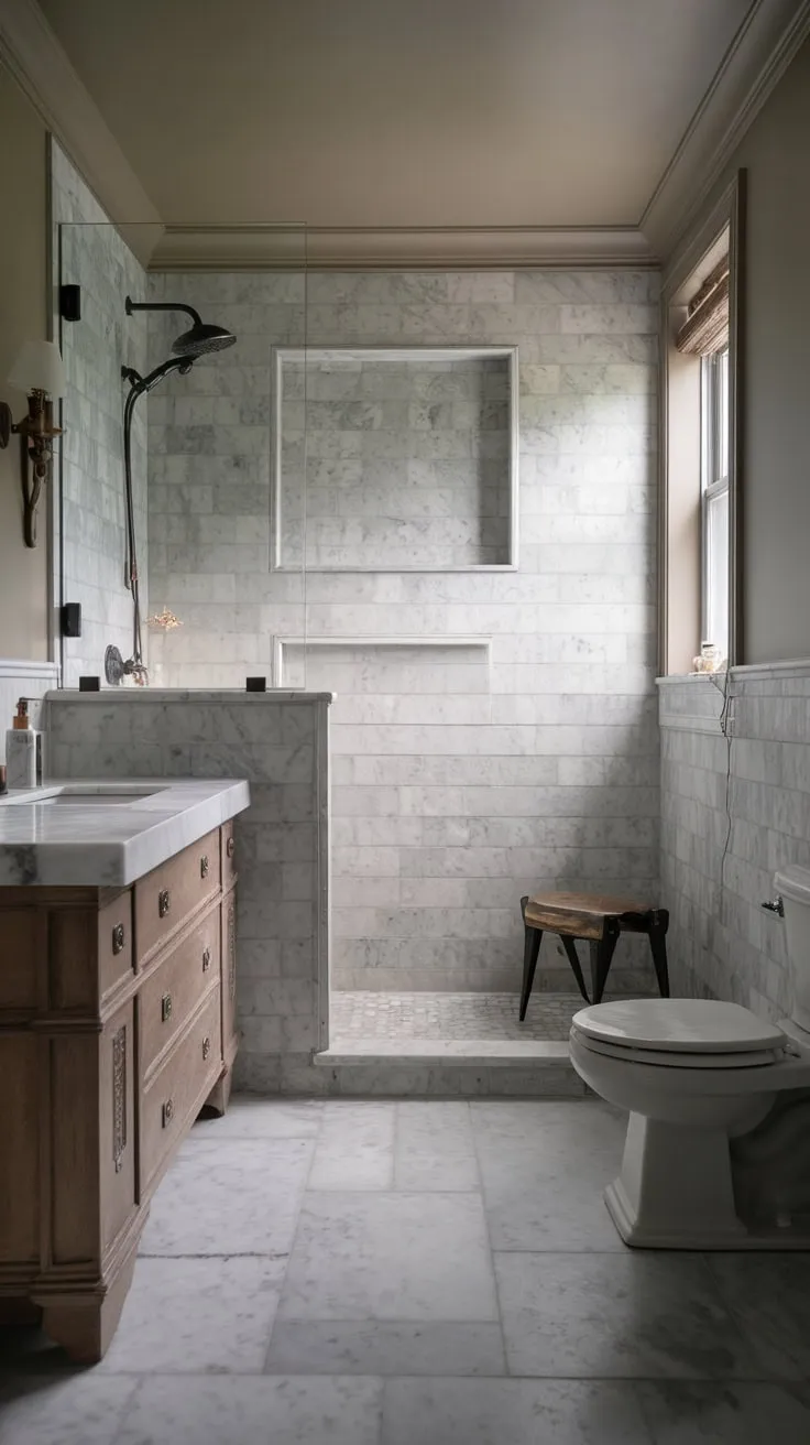 A moody marble wet room, featuring a vintage neutral palette and glass-partitioned shower, creates a serene spa-like transitional bathroom.