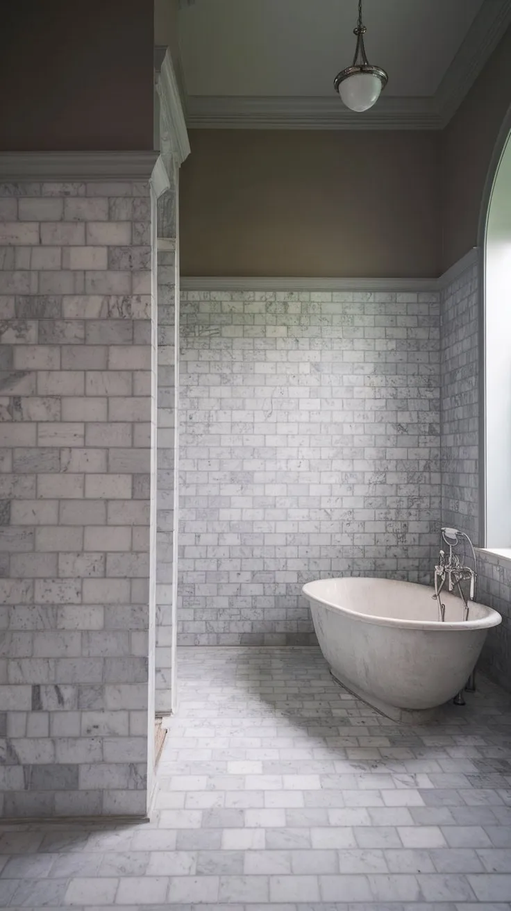 High ceilings and large-format marble tiles create a luxurious transitional bathroom with a calming, traditional feel.