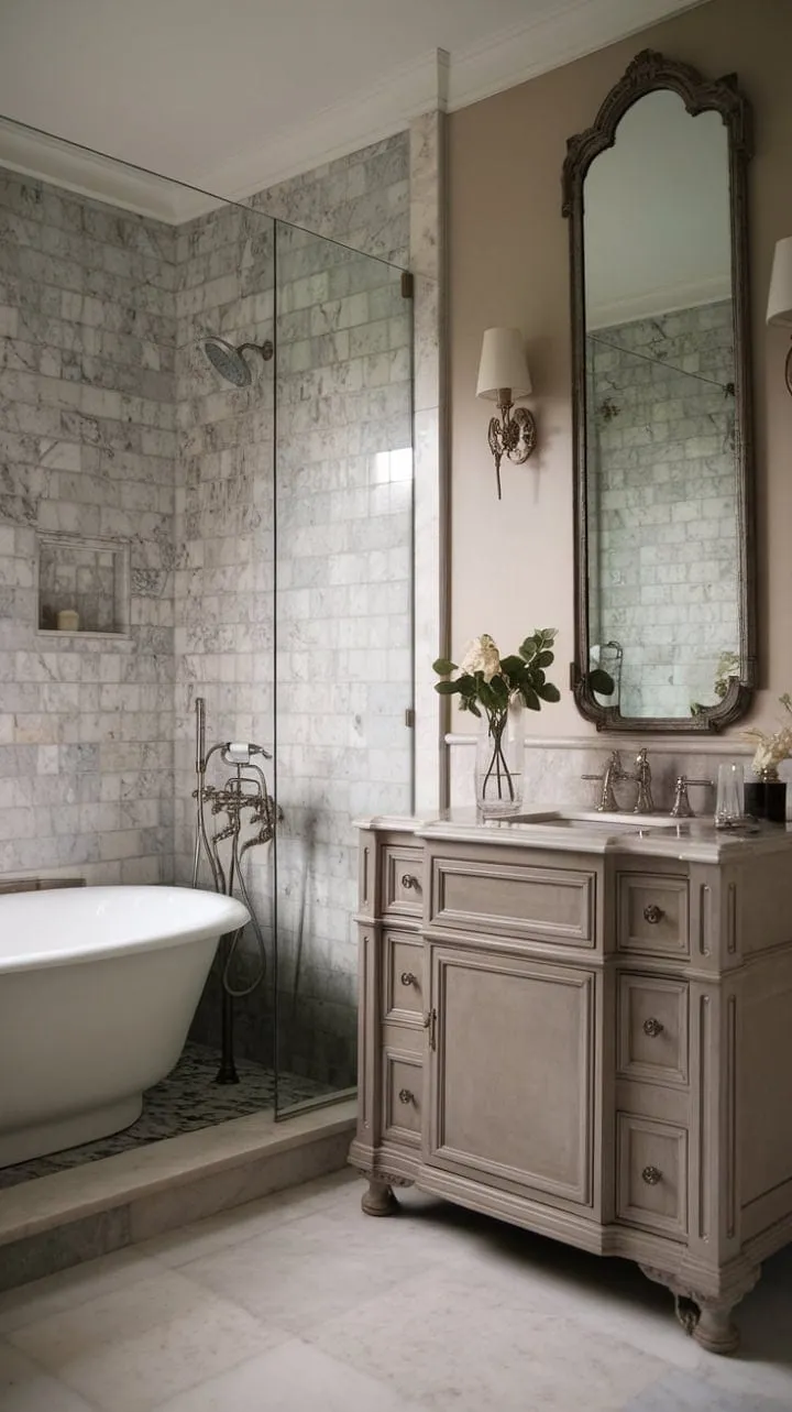 Experience tranquil luxury in this transitional bathroom, where rich marble and a blend of traditional and modern design invite sublime serenity.