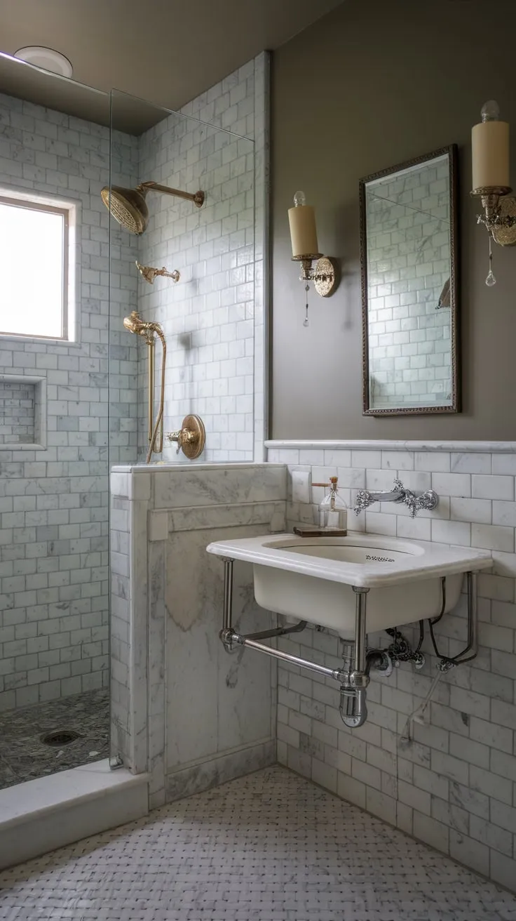 A moody marble master bathroom remodel blends vintage charm with modern wet-room functionality.