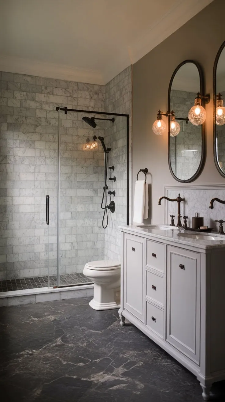A moody marble wet room with vintage details and warm lighting creates a sophisticated transitional bathroom.