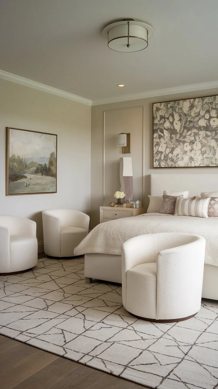 A neutral-toned transitional bedroom boasts a queen bed, geometric rug, and elegant artwork, creating a sophisticated yet calming space