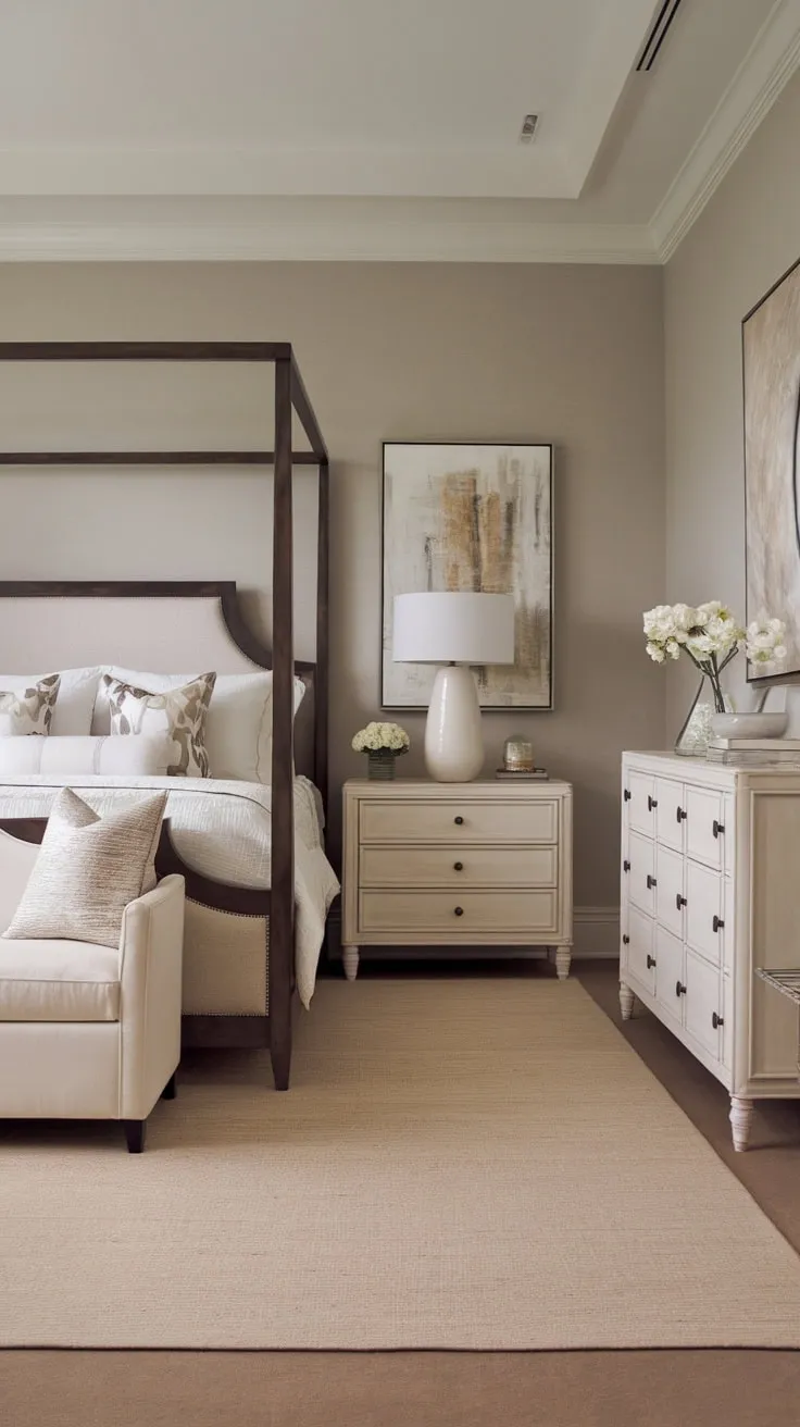 Neutral tones and a king-size bed create a calming transitional bedroom haven.