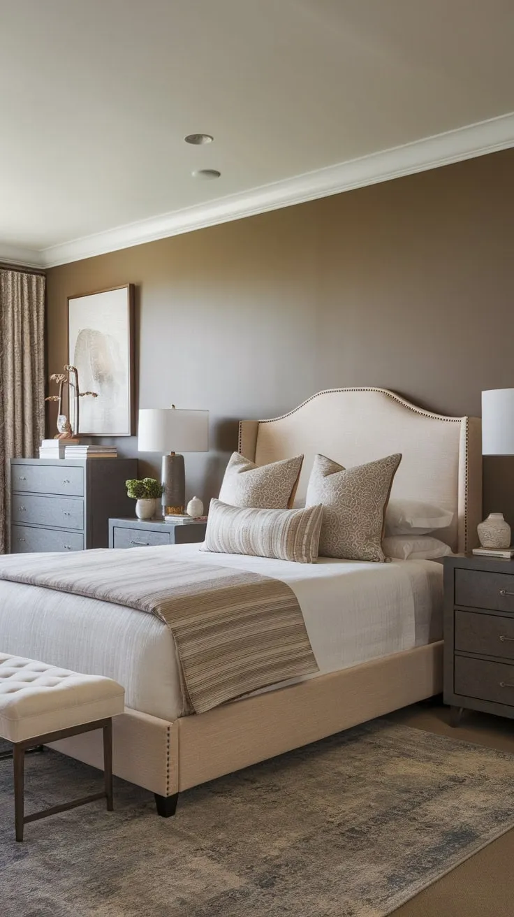 A serene transitional bedroom blends beige and dark gray tones for a timeless and sophisticated atmosphere.