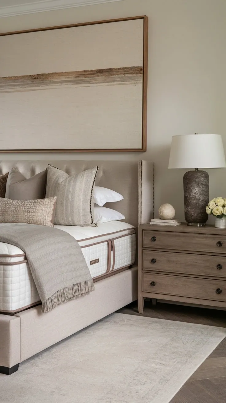 A calming beige, gray, and white transitional bedroom boasts timeless decor and plush comfort.