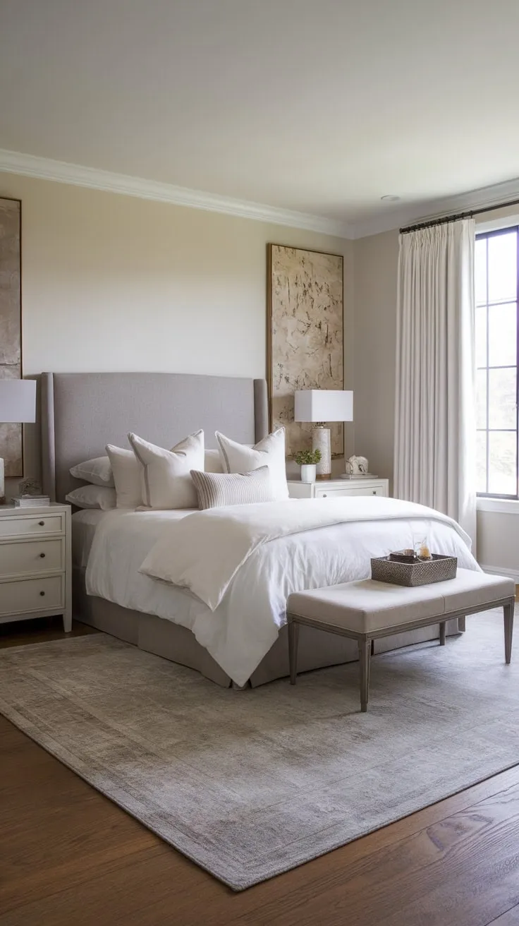 A serene king-size bedroom blends neutral tones and subtle artistry for a sophisticated transitional style