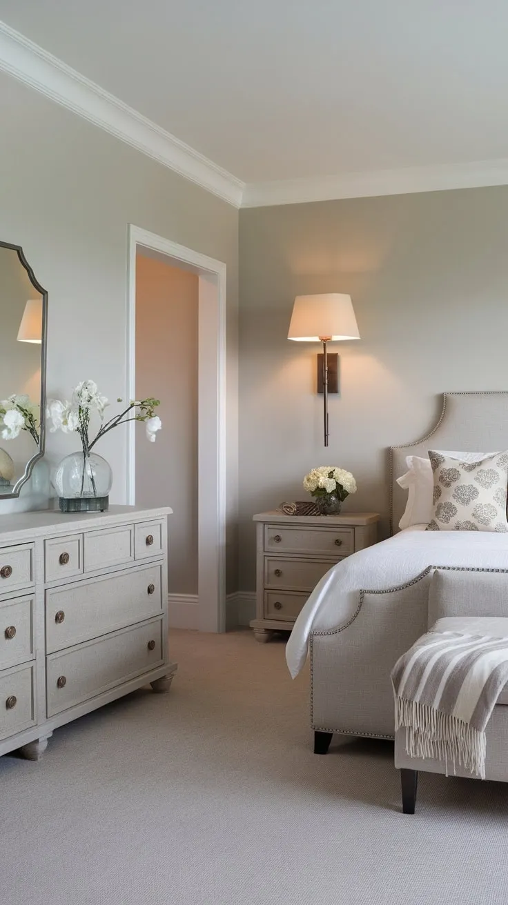A calming light gray transitional bedroom features a king-size bed, dresser, and wall lamp creating a sophisticated yet comfortable space