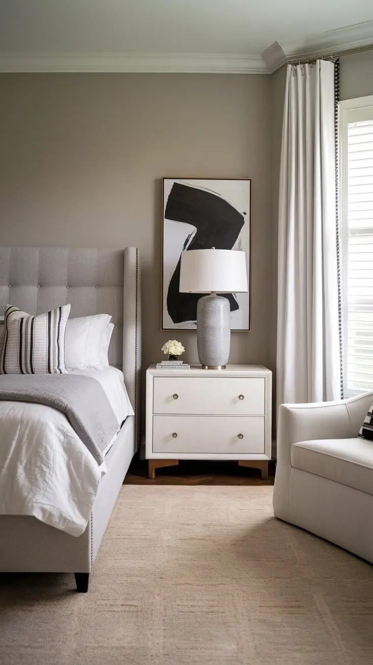 Light gray walls and a gray headboard anchor a calming space accented with pops of black and white in a queen-sized haven.