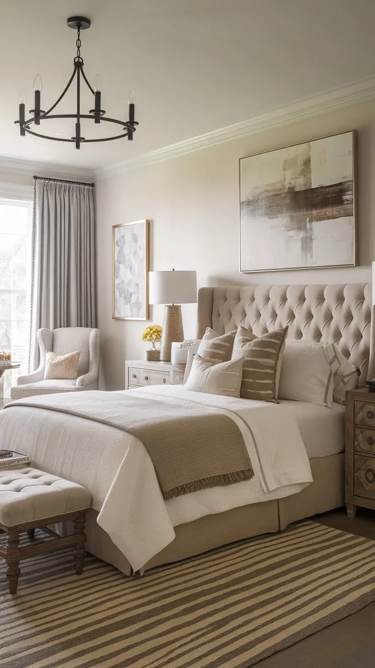 A timeless transitional bedroom blends neutral tones, luxurious textures like a tufted headboard and woven rug, and a cozy reading nook for a sophisticated yet relaxing atmosphere