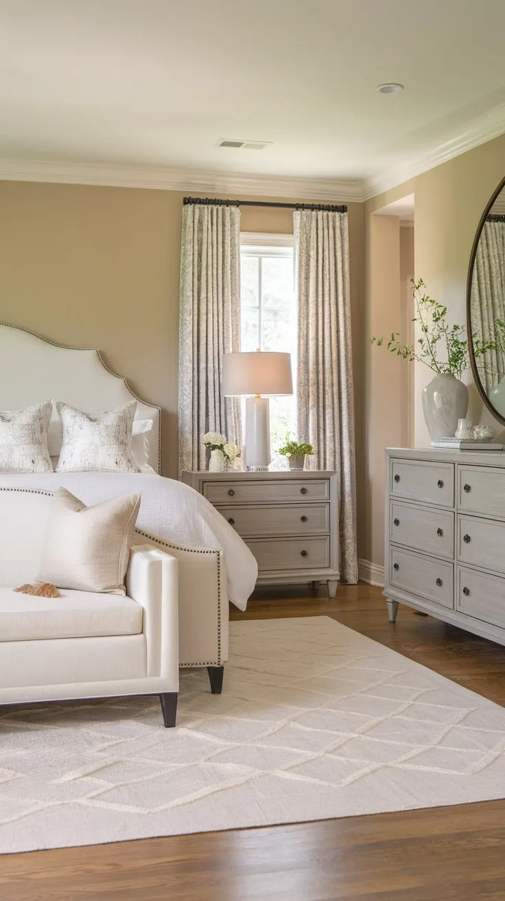 Neutral tones and natural light define this calming transitional bedroom.