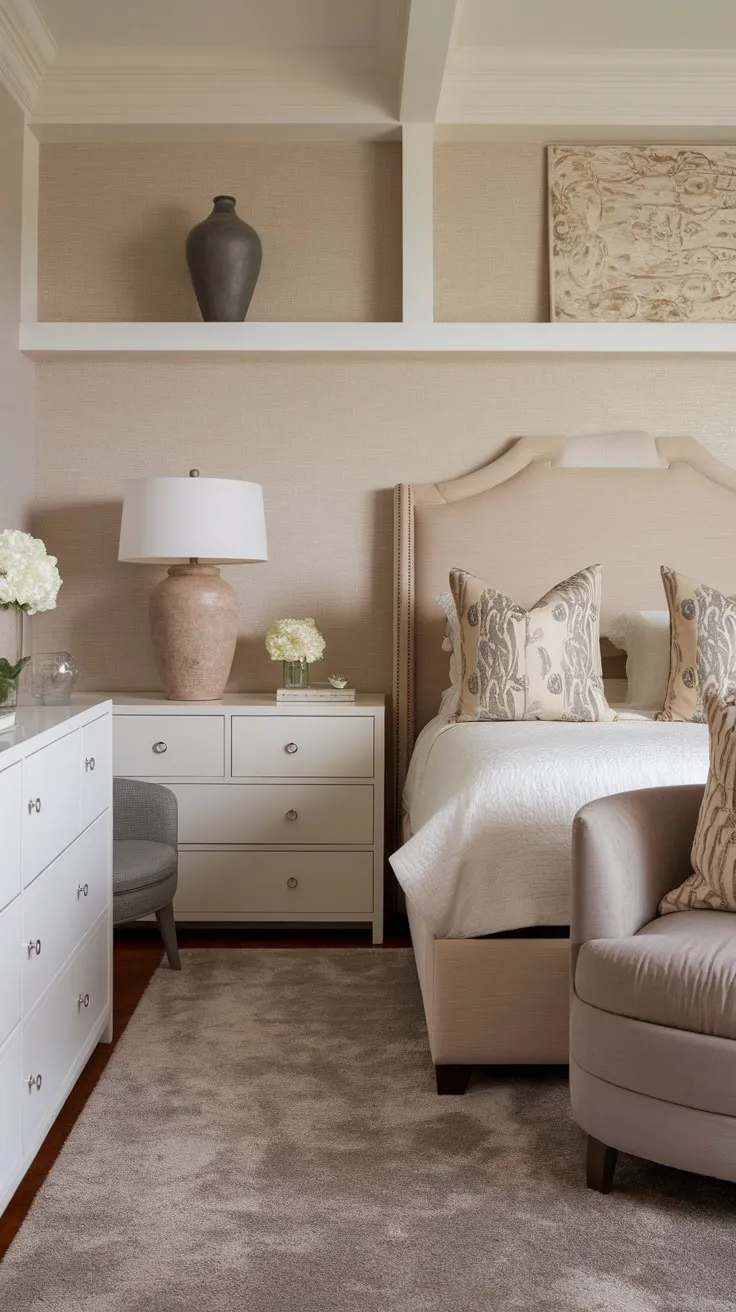 A serene transitional bedroom blends neutral grays, beiges, and whites with patterned wallpaper and plush textures for a timeless, sophisticated feel