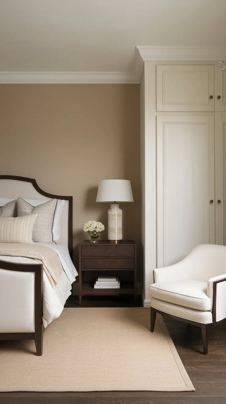 A calming beige and brown transitional bedroom features a dark wood bed frame, white wardrobe, and subtle textural elements for a timeless feel