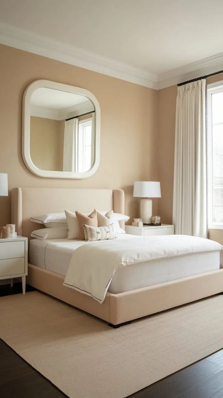 This tranquil bedroom, featuring a plush king-size bed and a large mirror that amplifies natural light, embodies a sophisticated retreat where comfort meets understated elegance.