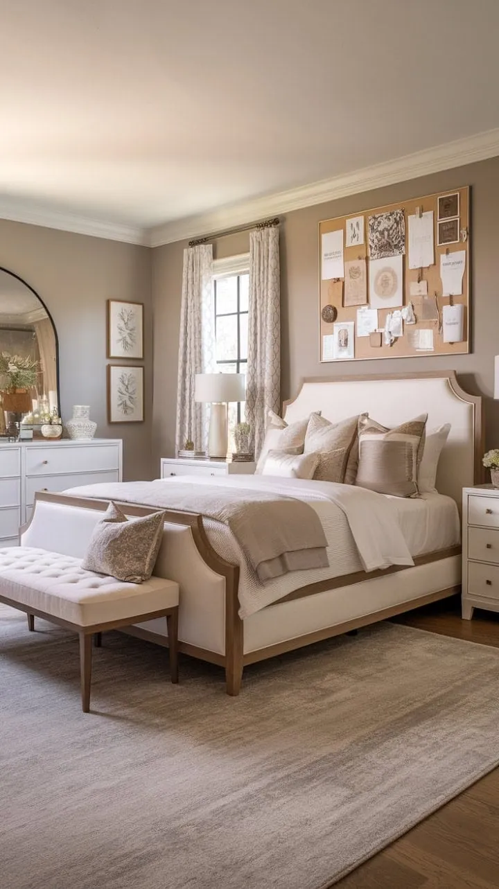 This transitional bedroom harmoniously blends modern and classic design with a serene neutral palette, creating a timeless sanctuary of calm sophistication.