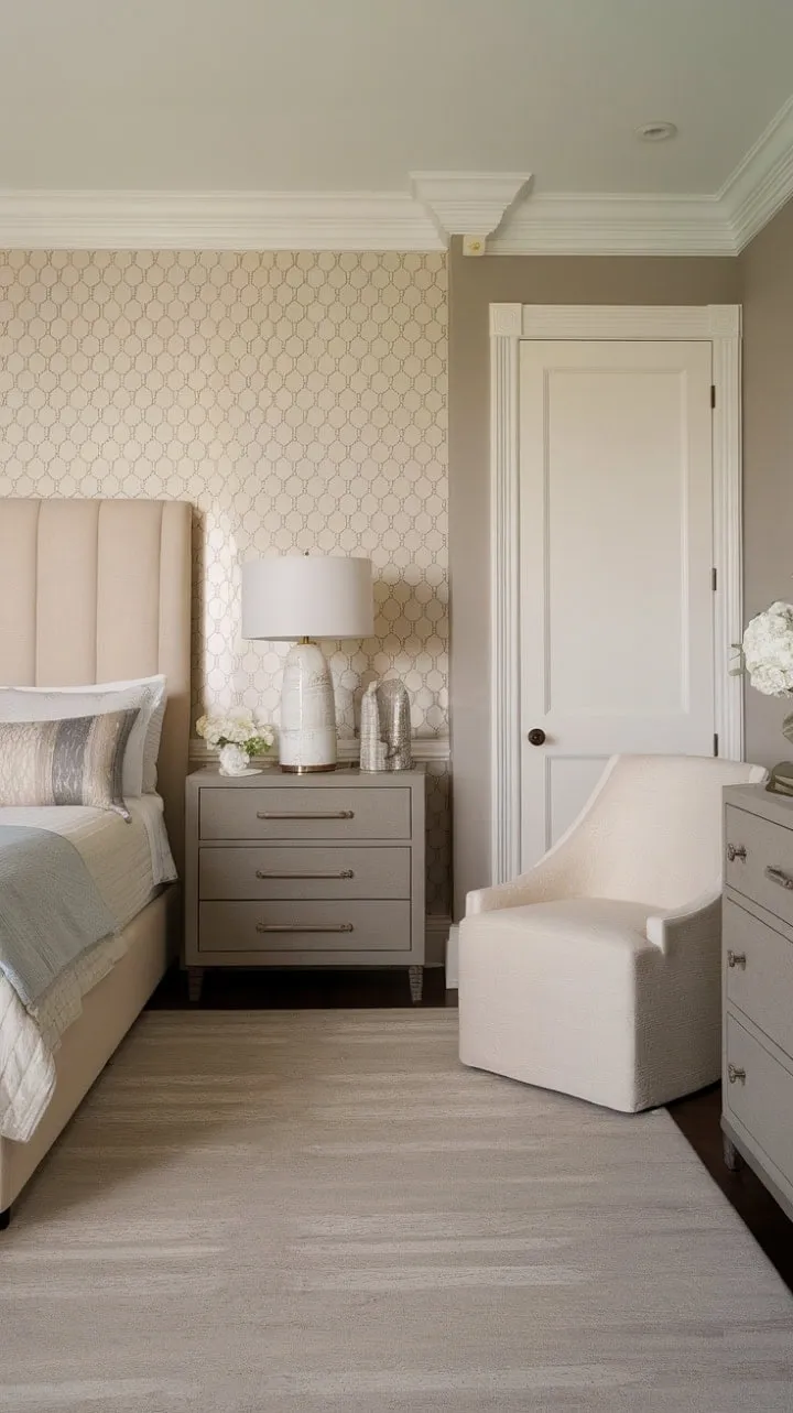 This transitional-style bedroom, adorned in soothing beige, gray, and white tones, offers a tranquil retreat with its soft lighting and inviting textures.