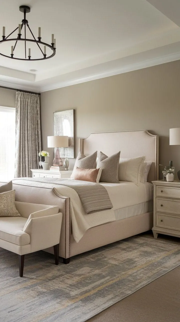 This transitional bedroom harmoniously fuses modern comfort with classic elegance, creating a tranquil retreat adorned with curated décor.