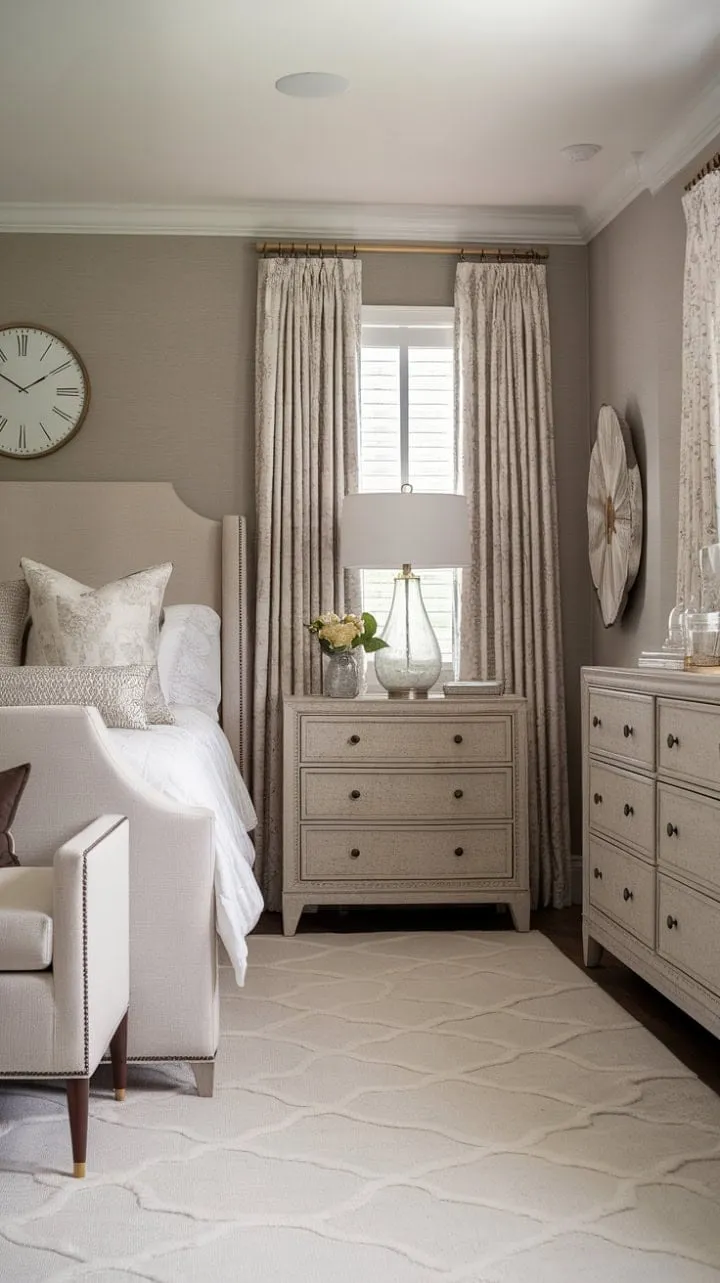 This serene bedroom blends modern and traditional elements in a timeless design, creating a restful retreat that celebrates the beauty of classic style.