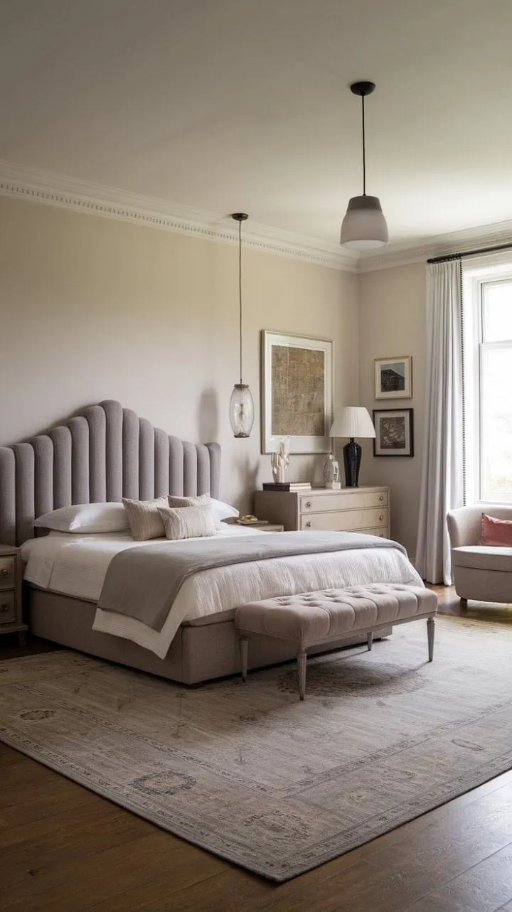 This transitional bedroom harmoniously fuses modern and classic styles, featuring a soothing neutral palette and luxurious touches that create a stylish yet cozy retreat.