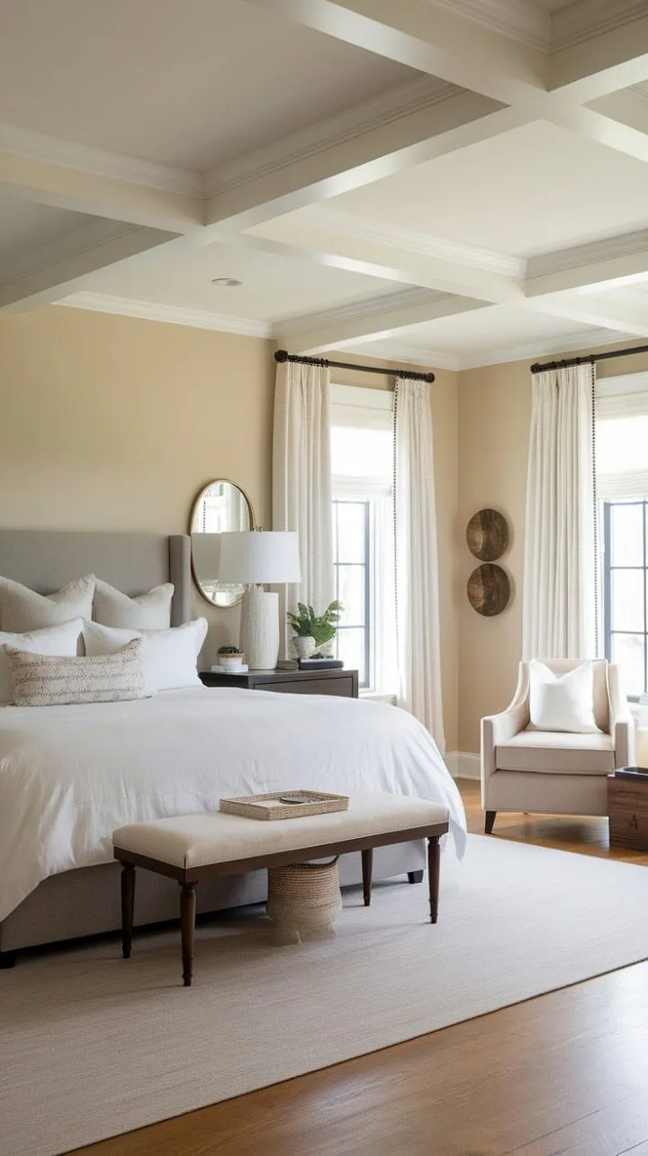 This serene bedroom blends modern minimalism with classic comfort, creating a tranquil retreat perfect for peaceful mornings and restful nights.