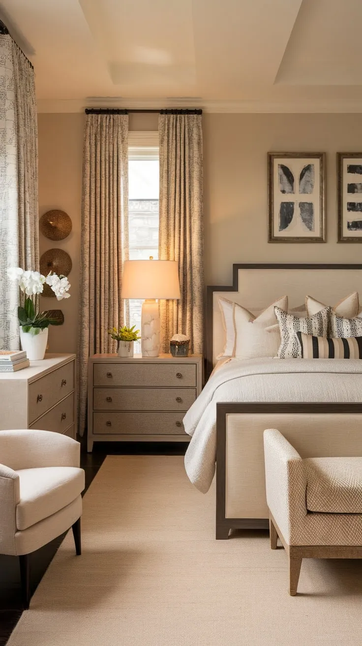 Warm lighting and tasteful furnishings create a serene king-size haven in this transitional bedroom design.
