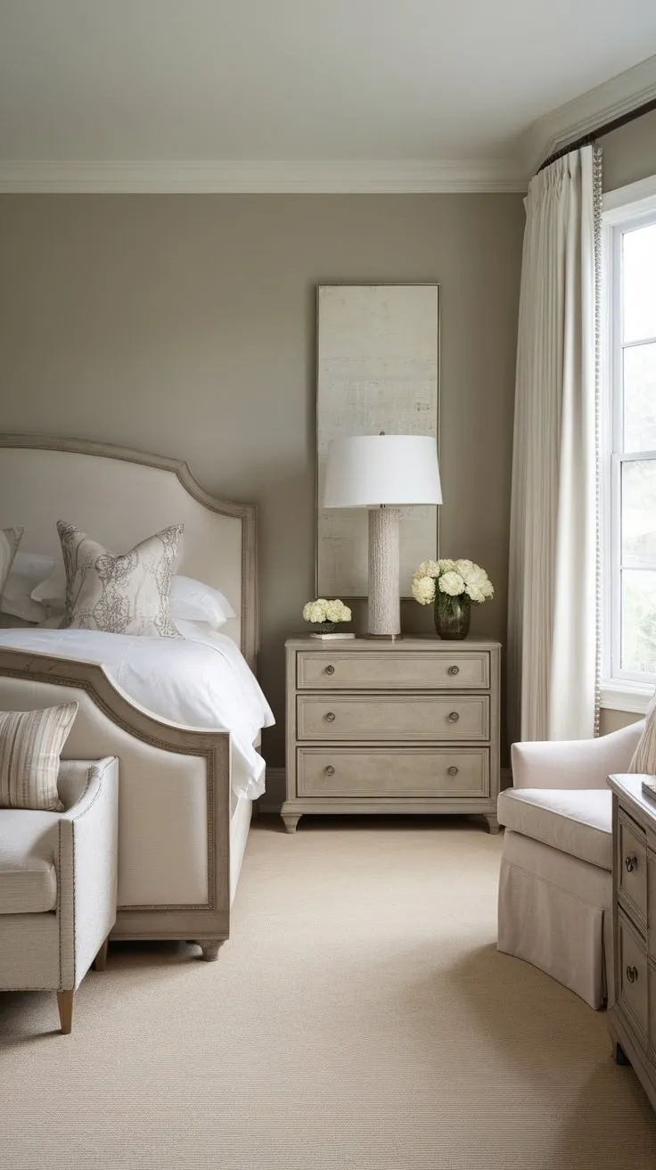 Soft gray walls and beige accents create a calming transitional bedroom haven with a king-size bed and ample storage.