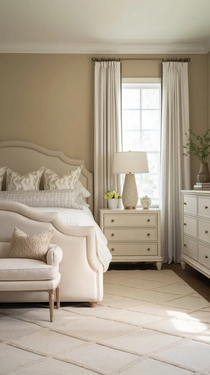Neutral tones and classic furnishings create a sophisticated yet restful transitional bedroom.