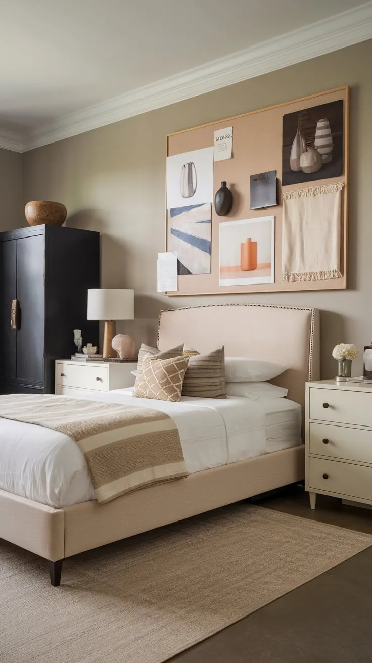 Soft gray walls and a neutral color palette create a tranquil transitional bedroom, complemented by a curated mood board reflecting classic design elements.