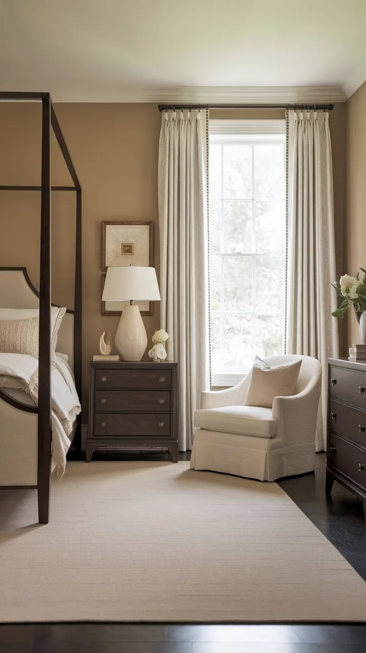 A transitional bedroom blends dark wood floors and furniture with calming beige accents for a sophisticated yet inviting space.