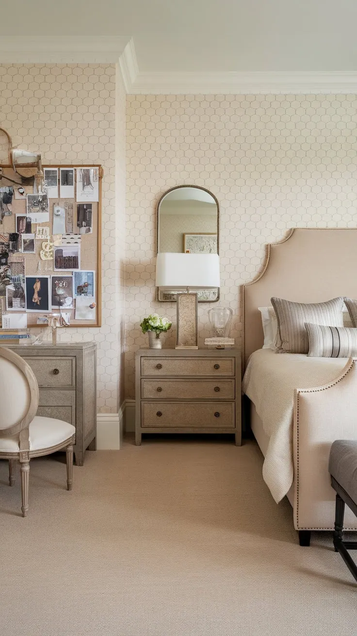 A beige-toned transitional bedroom, complete with king-size bed and mood board, offers a calming and sophisticated retreat.