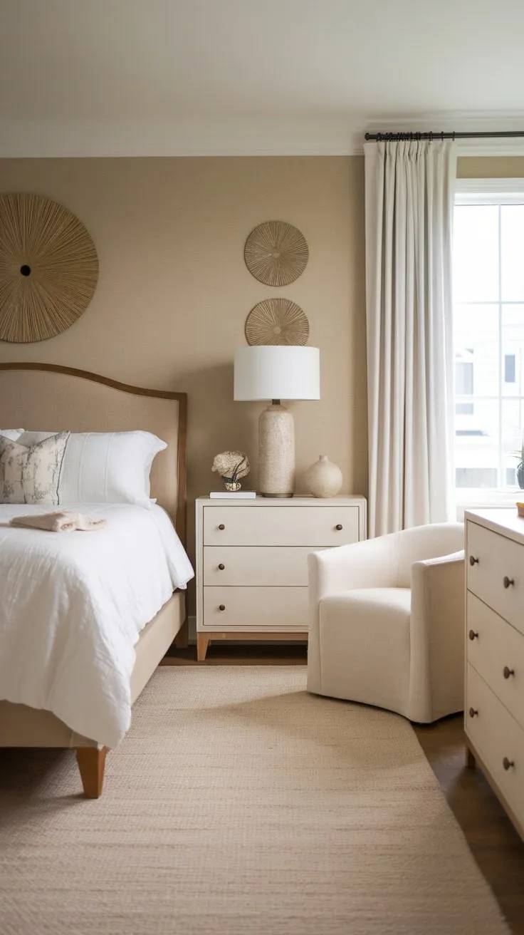 Timeless elegance defines this transitional bedroom, blending calming beige tones with white accents and a wooden headboard for a sophisticated yet restful space.