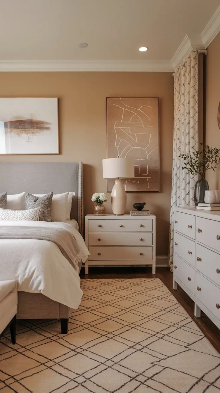A calming transitional bedroom features a neutral palette of beige, gray, and white, accented with geometric patterns and tasteful artwork.