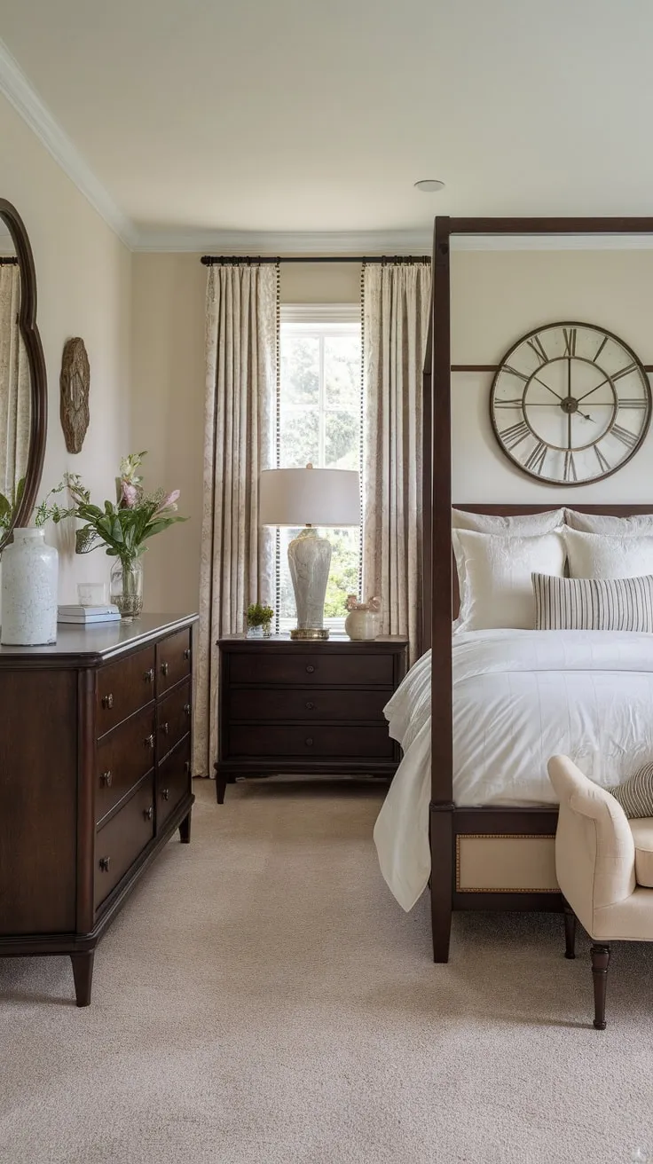 Dark wood furniture and a plush beige carpet define this sophisticated transitional bedroom's timeless appeal.
