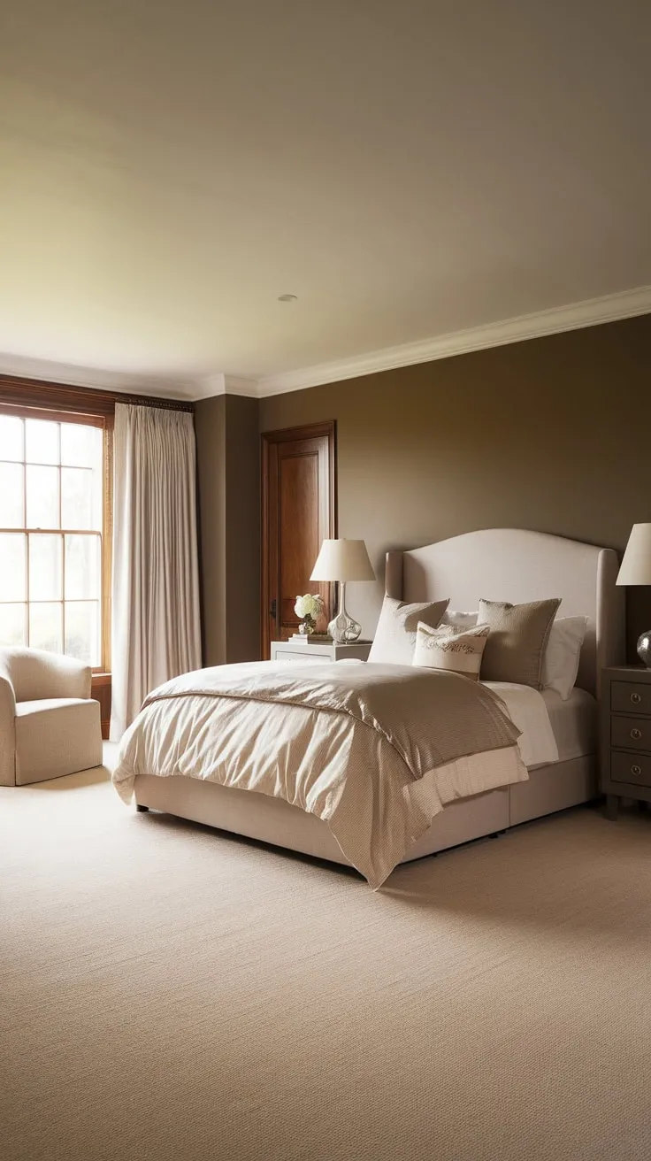 A king-size bed anchors a calming transitional bedroom, its neutral palette accented by dark grey and warm lighting.