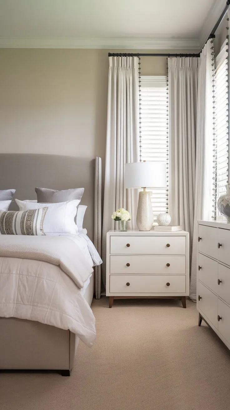 A soothing gray and white transitional bedroom features a king-size bed and calming soft lighting, creating a serene primary bedroom retreat