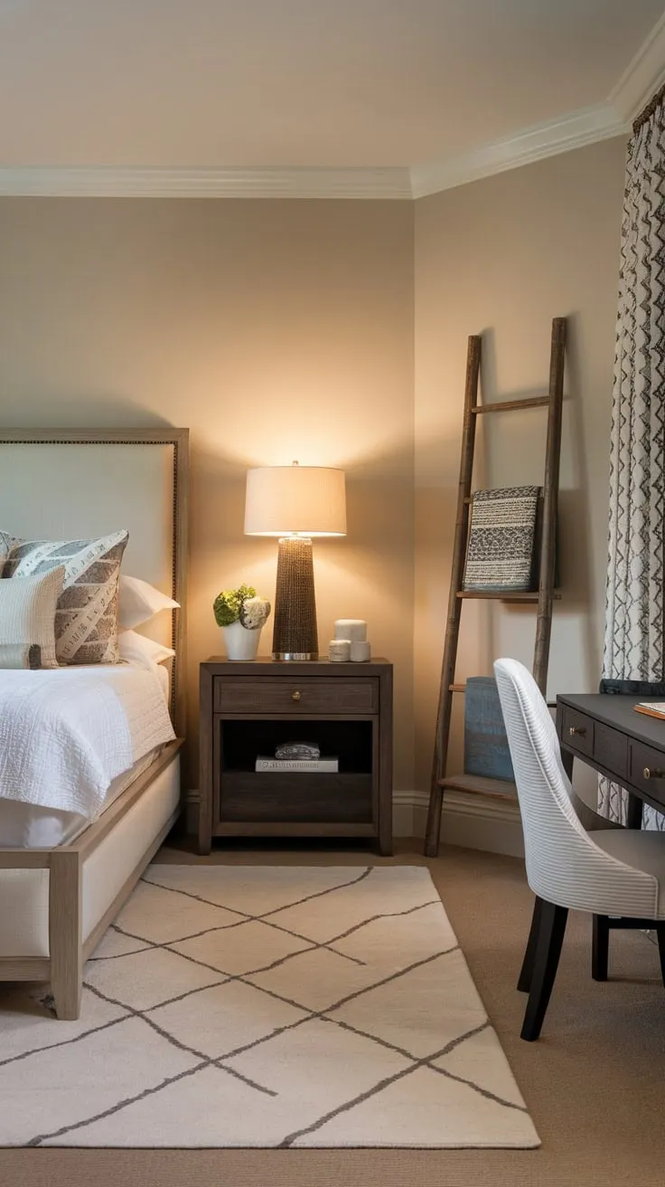 Warm lighting and timeless decor create a serene transitional primary bedroom, blending classic and modern elements for a sophisticated retreat