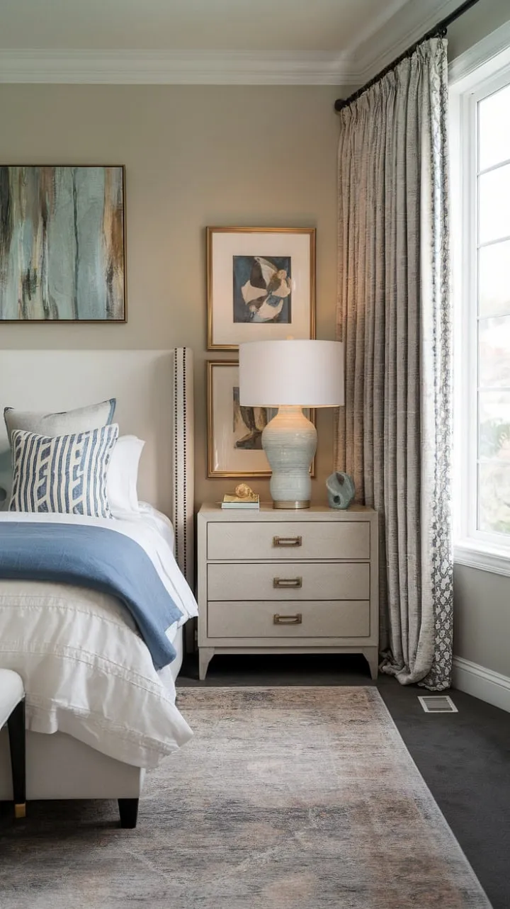This tranquil bedroom harmoniously fuses modern comfort with timeless elegance, featuring a soothing neutral palette accented by vibrant blues for a serene retreat.
