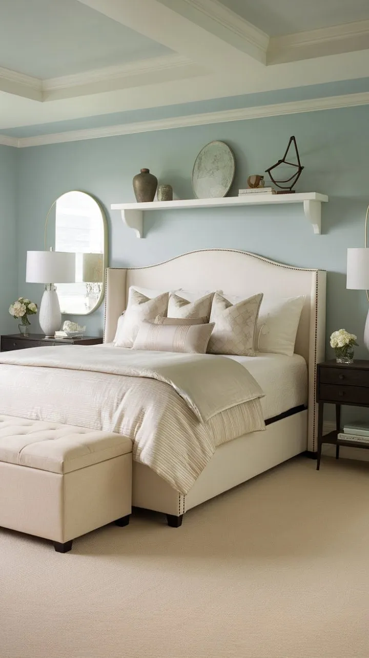 Experience tranquil slumber in a sophisticated bedroom where soothing blue walls harmonize with warm beige linens and rich dark wood, creating an effortlessly inviting retreat.