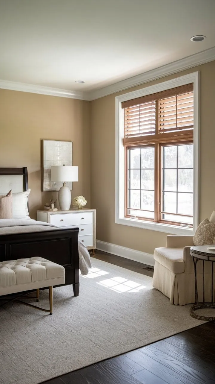 This transitional bedroom harmoniously fuses classic elegance with modern versatility, featuring rich dark wood and soothing white accents for a timeless yet customizable retreat.